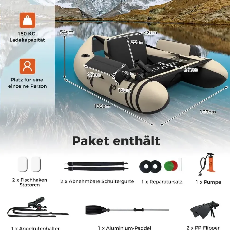 Costway Schlauchboot aufblasbar bis 150kg, Angelboot mit verstellbarer Rückenlehne, Pumpe, Paddel & Gurte, Fischerboot für Erwachsene 135x109x54cm - Beige