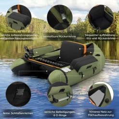 Costway Schlauchboot aufblasbar bis 150kg, Angelboot mit verstellbarer Rückenlehne, Pumpe, Paddel & Gurte, Fischerboot für Erwachsene 135x109x54cm - Grün
