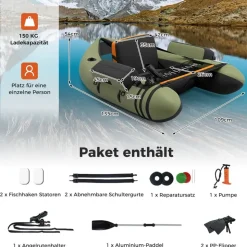 Costway Schlauchboot aufblasbar bis 150kg, Angelboot mit verstellbarer Rückenlehne, Pumpe, Paddel & Gurte, Fischerboot für Erwachsene 135x109x54cm - Grün