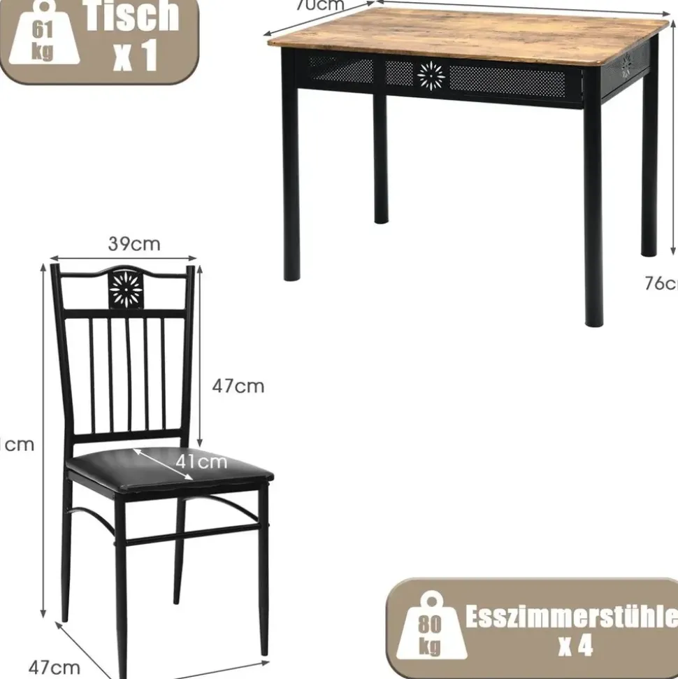 Costway 5 teiliges Esstisch-Set, mit 4 gepolsterten Stühlen, Küchentisch Bistrotisch Esszimmergruppe Sitzgruppe 4 Personen Holz für K... - Schwarz
