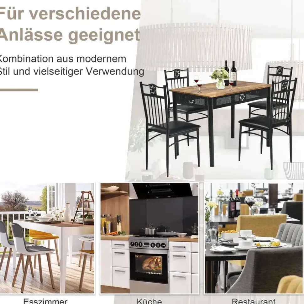 Costway 5 teiliges Esstisch-Set, mit 4 gepolsterten Stühlen, Küchentisch Bistrotisch Esszimmergruppe Sitzgruppe 4 Personen Holz für K... - Schwarz