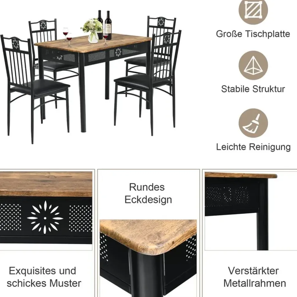 Costway 5 teiliges Esstisch-Set, mit 4 gepolsterten Stühlen, Küchentisch Bistrotisch Esszimmergruppe Sitzgruppe 4 Personen Holz für K... - Schwarz