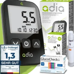 diabetikerbedarf adia Blutzuckermessgerät mmol/L mit 60 Blutzuckerteststreifen und 110 Lanzetten