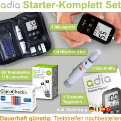 diabetikerbedarf adia Blutzuckermessgerät mmol/L mit 60 Blutzuckerteststreifen und 110 Lanzetten