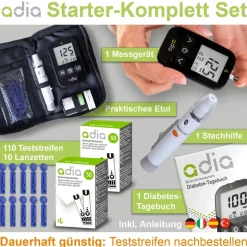 diabetikerbedarf adia Blutzuckermessgerät mg/dl mit 110 Teststreifen, 10 Lanzetten, 1 Stechhilfe, 1 Etui