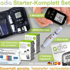 diabetikerbedarf ADIA Blutzuckermessgerät mg/dl mit 110 Blutzuckerteststreifen