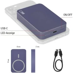 EMOS Powerbank WI 1046, 10000 mAh MagSafe mit Passthrough und Wireless-Charging, USB-C-Ausgang inkl. Kabel - für iPhone, Smartphone, - blau, B0551BL - Blau