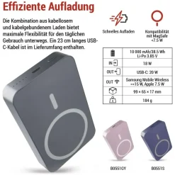 EMOS Powerbank WI 1046, 10000 mAh MagSafe mit Passthrough und Wireless-Charging, USB-C-Ausgang inkl. Kabel - für iPhone, Smartphone, - blau, B0551BL - Blau