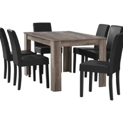 [en.casa] Esstisch Eiche antik mit 6 Stühlen schwarz Kunstleder gepolstert 140x90 Essgruppe Esszimmer