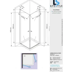 Glaszentrum Hagen Zeus Eckdusche mit Pendeltür 90 x 195 cm transparent ESG Glas