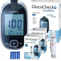 GlucoCheck Excellent Starter-Set mg/dl mit 110 Blutzuckerteststreifen