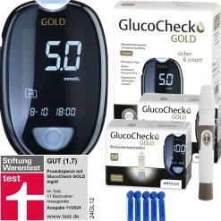 GlucoCheck GOLD Blutzuckermessgerät mmol/l + 110 Blutzuckerteststreifen