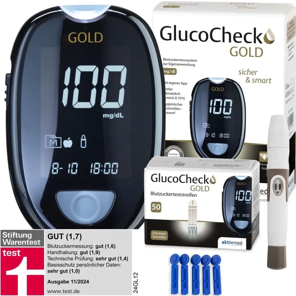 GlucoCheck GOLD Blutzuckermessgerät-Set mg/dl mit 60 Blutzuckerteststreifen