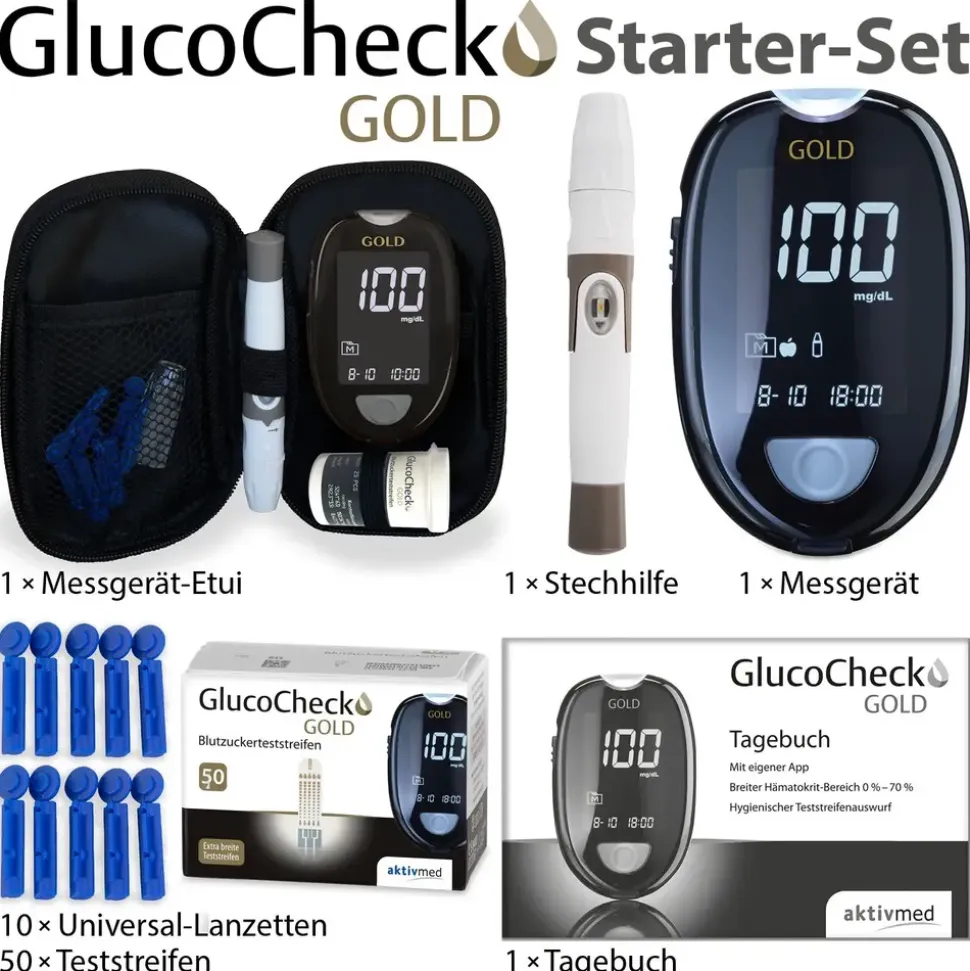 GlucoCheck GOLD Blutzuckermessgerät-Set mg/dl mit 60 Blutzuckerteststreifen