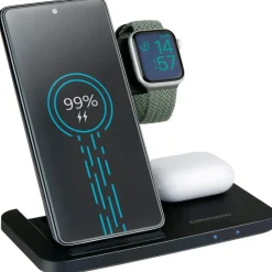 Grundig 3-in-1 Ladestation Apple Watch und iPhone – Qi Ladegerät mit Ladefunktion für Smartphone, Smartwatch, Kopfhörer – Wireless Charger – Faltbar
