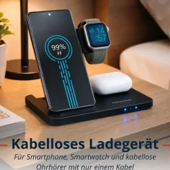 Grundig 3-in-1 Ladestation Apple Watch und iPhone – Qi Ladegerät mit Ladefunktion für Smartphone, Smartwatch, Kopfhörer – Wireless Charger – Faltbar