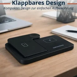 Grundig 3-in-1 Ladestation Apple Watch und iPhone – Qi Ladegerät mit Ladefunktion für Smartphone, Smartwatch, Kopfhörer – Wireless Charger – Faltbar