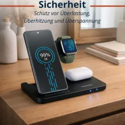Grundig 3-in-1 Ladestation Apple Watch und iPhone – Qi Ladegerät mit Ladefunktion für Smartphone, Smartwatch, Kopfhörer – Wireless Charger – Faltbar