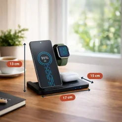 Grundig 3-in-1 Ladestation Apple Watch und iPhone – Qi Ladegerät mit Ladefunktion für Smartphone, Smartwatch, Kopfhörer – Wireless Charger – Faltbar