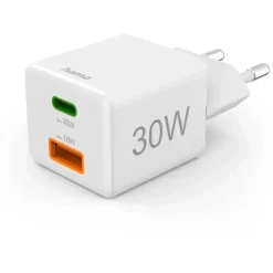 Hama Schnellladegerät, 1x USB-C 1x USB-A Mini-Ladegerät, 30 W, Weiß