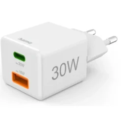 Hama Schnellladegerät, 1x USB-C 1x USB-A Mini-Ladegerät, 30 W, Weiß
