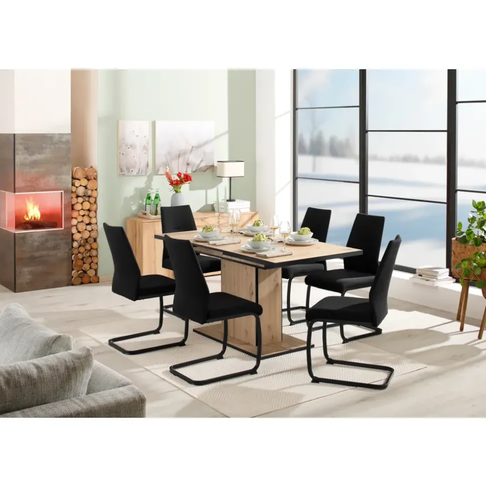 Hela Essgruppe Ariana, Esstisch mit 6 Stühlen, ausziehbarer Küchentisch, (Set, 7-tlg., 1 Tisch ausziehbar / 6 Stühle), Tisch 120-160cm, 6 Stühle mit hoher Belastbarkeit schwarz