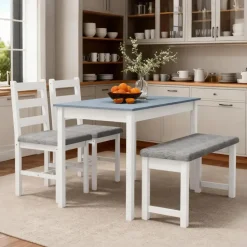 Homcom Essgruppe Esstisch mit 2 Stühlen, Bank 4-Teiliges Esstisch-Set Esszimmergruppe mit Leinenoptik, Kiefernholz, Grau, Weiß 108L x 65B x 75H cm
