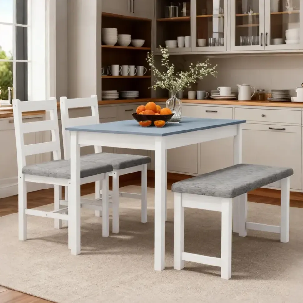 Homcom Essgruppe Esstisch mit 2 Stühlen, Bank 4-Teiliges Esstisch-Set Esszimmergruppe mit Leinenoptik, Kiefernholz, Grau, Weiß 108L x 65B x 75H cm