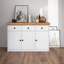 Homestyle4u Sideboard 122,5 x 82 x 42 cm Weiß / Eiche