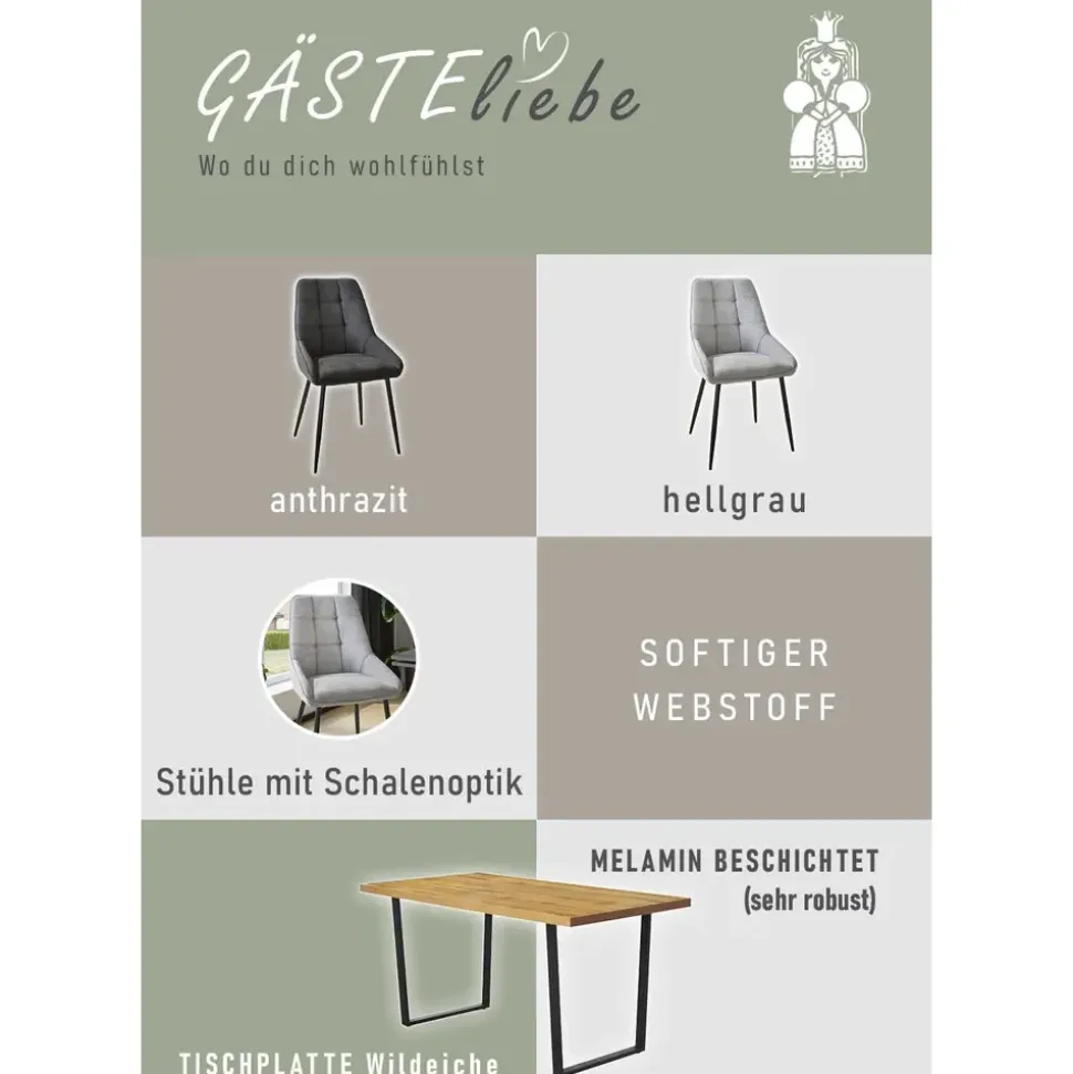 Jockenhöfer Gruppe Essgruppe ROGER, Sitzgruppe, Esstisch 160 cm, 4 Stühle, (Set, 5-tlg., Esstisch 160 cm plus 4 Esszimmerstühle), Tischplatte Wildeiche, Stühle mit Webstoff braun|grau