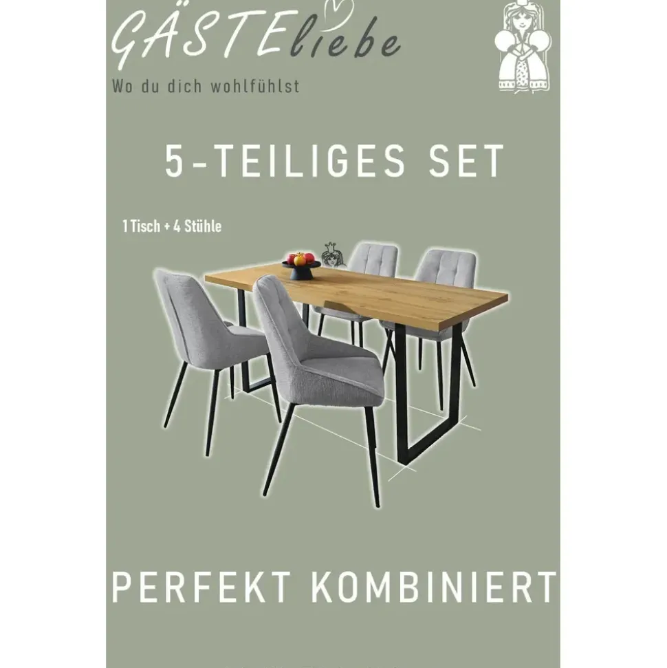 Jockenhöfer Gruppe Essgruppe ROGER, Sitzgruppe, Esstisch 160 cm, 4 Stühle, (Set, 5-tlg., Esstisch 160 cm plus 4 Esszimmerstühle), Tischplatte Wildeiche, Stühle mit Webstoff braun|grau