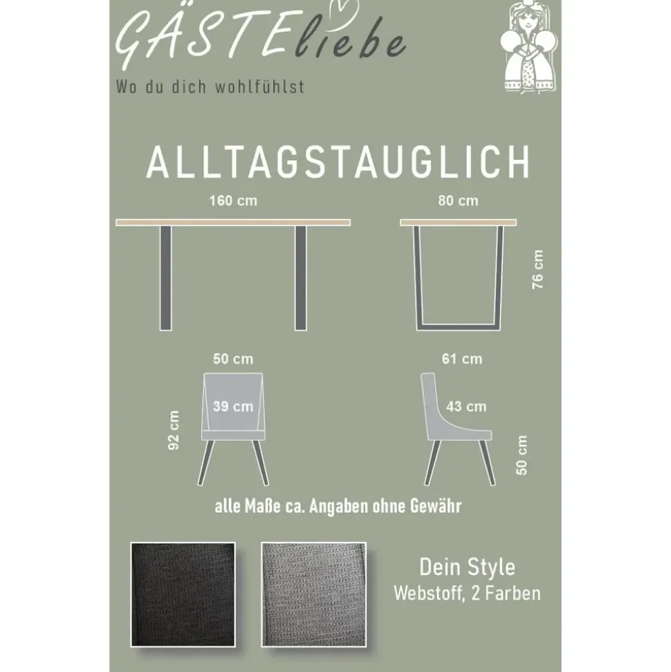 Jockenhöfer Gruppe Essgruppe ROGER, Sitzgruppe, Esstisch 160 cm, 4 Stühle, (Set, 5-tlg., Esstisch 160 cm plus 4 Esszimmerstühle), Tischplatte Wildeiche, Stühle mit Webstoff braun|grau