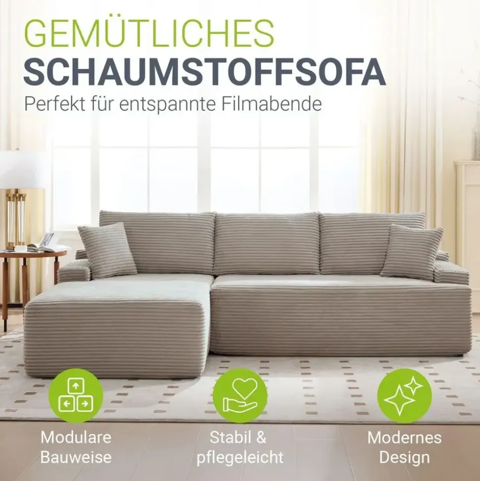 Juskys Eckcouch Cord 3-Sitzer Taupe