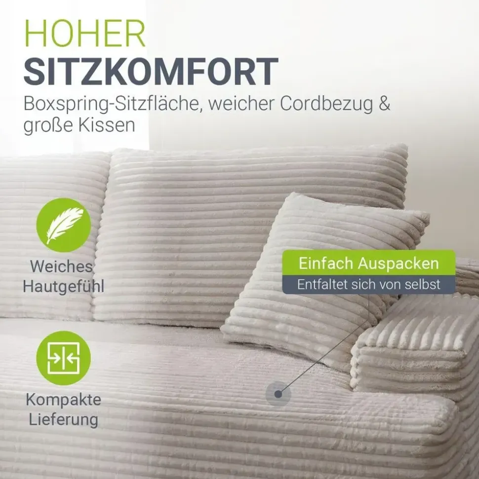 Juskys Eckcouch Cord 3-Sitzer Taupe