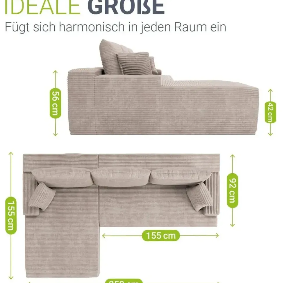 Juskys Eckcouch Cord 3-Sitzer Taupe