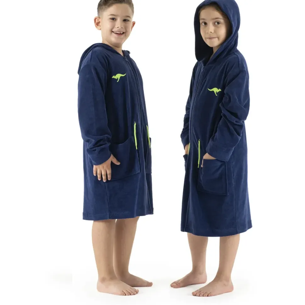 KangaROOS Kinderbademantel KANGAROOS "Kira, Ideal für Zuhause, Schwimmbad oder im Urlaub" Gr. 104, blau, 104, Leichtfrottier, Hausmäntel, modernen, sportliches Design, leuchtenden Akzenten