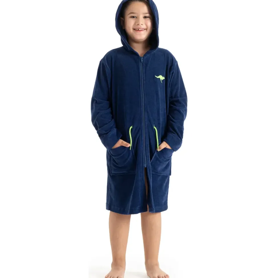 KangaROOS Kinderbademantel KANGAROOS "Kira, Ideal für Zuhause, Schwimmbad oder im Urlaub" Gr. 104, blau, 104, Leichtfrottier, Hausmäntel, modernen, sportliches Design, leuchtenden Akzenten