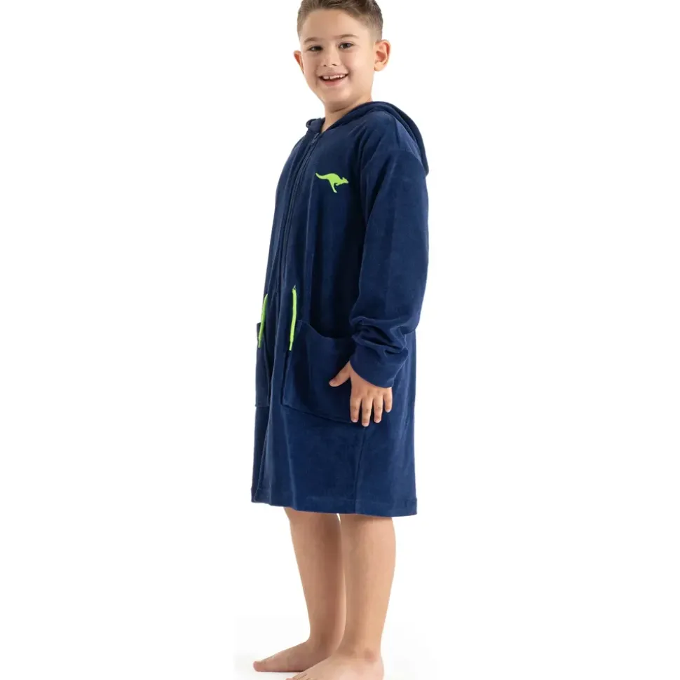 KangaROOS Kinderbademantel KANGAROOS "Kira, Ideal für Zuhause, Schwimmbad oder im Urlaub" Gr. 104, blau, 104, Leichtfrottier, Hausmäntel, modernen, sportliches Design, leuchtenden Akzenten