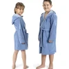 KangaROOS Kinderbademantel KANGAROOS "Dalia, Ideal für Zuhause, Schwimmbad oder im Urlaub" Gr. 152, blau, L:102cm, Veloursfrottier, Hausmäntel, Uni-Farben mit Streifen