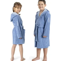 KangaROOS Kinderbademantel KANGAROOS "Dalia, Ideal für Zuhause, Schwimmbad oder im Urlaub" Gr. 152, blau, L:102cm, Veloursfrottier, Hausmäntel, Uni-Farben mit Streifen