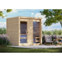 Karibu Gartensauna Saunahaus Hycore 2 - 38 mm naturbelassen Klarglas Ganzglastür Ohne Ofen