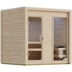Karibu Gartensauna Saunahaus Hycore 2 - 38 mm naturbelassen Klarglas Ganzglastür Ohne Ofen