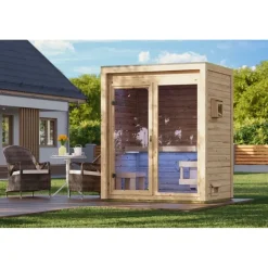 Karibu Gartensauna Saunahaus Hycore 1 - 38 mm naturbelassen Klarglas Ganzglastür Ohne Ofen