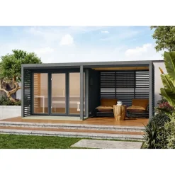 Karibu 38 mm Saunahaus Ares 3 Naturbelassen/Anthrazit + Anbaudach inkl. 9 kW Ofen + ext. Steuerung