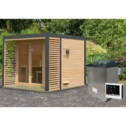 Karibu 38 mm Saunahaus Ares 3 Naturbelassen/Anthrazit inkl. 9 kW Ofen + ext. Steuerung