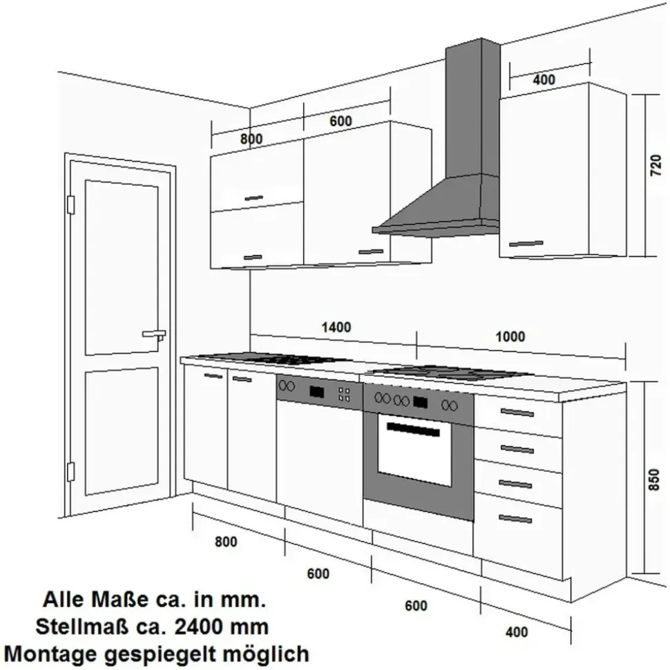 Küchen-Preisbombe Küchenzeile Bianca Basic 240 cm weiß Hochglanz