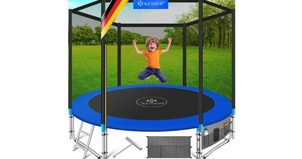 Kesser Trampoline Komplettset 427 cm inkl. Sicherheitsnetz, Leiter und Randabdeckung blau