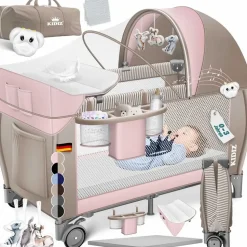 Kidiz KIDIZ® Babybett Reisebett Kinderreisebett Faltbar mit Matratze 120x60, Seiteneingang, Wickelauflage, Mosktionetz, Spielbogen & Tragetasche Baby Beistellbett Kinderbett ab Geburt bis 15 kg