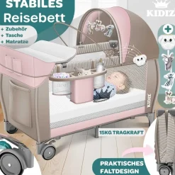 Kidiz KIDIZ® Babybett Reisebett Kinderreisebett Faltbar mit Matratze 120x60, Seiteneingang, Wickelauflage, Mosktionetz, Spielbogen & Tragetasche Baby Beistellbett Kinderbett ab Geburt bis 15 kg