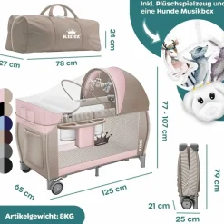 Kidiz KIDIZ® Babybett Reisebett Kinderreisebett Faltbar mit Matratze 120x60, Seiteneingang, Wickelauflage, Mosktionetz, Spielbogen & Tragetasche Baby Beistellbett Kinderbett ab Geburt bis 15 kg